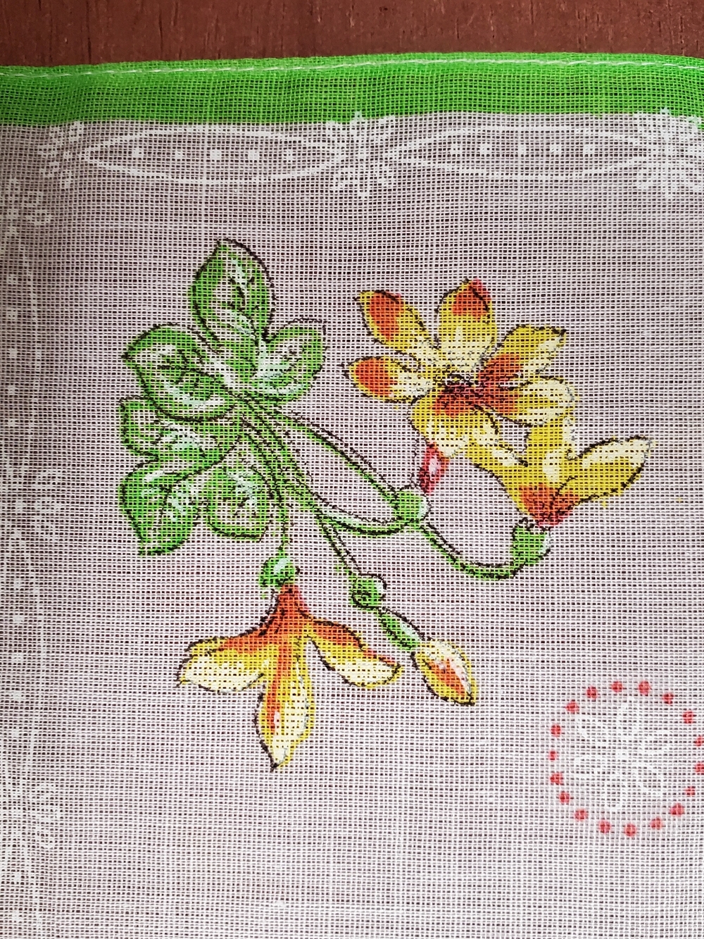 Vintage Floral Handkerchief with Green Border and Yellow Flowers - Picture 3 of 5